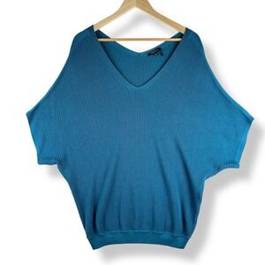 Lafayette 148 Sweater Womens Size Large Teal Ribbed Dolman Knit Minimalist Luxe